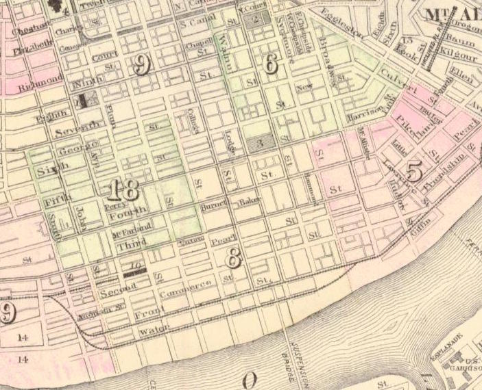 Cropped section of Gray’s New Map of Cincinnati (1876), showing Harrison Street in southeast corner of the Sixth Ward. Wood’s address is given as No. 15 Harrison St. in 1876, and she is listed as Woods Henrietta, widow, h. 19 Harrison in the city directory.